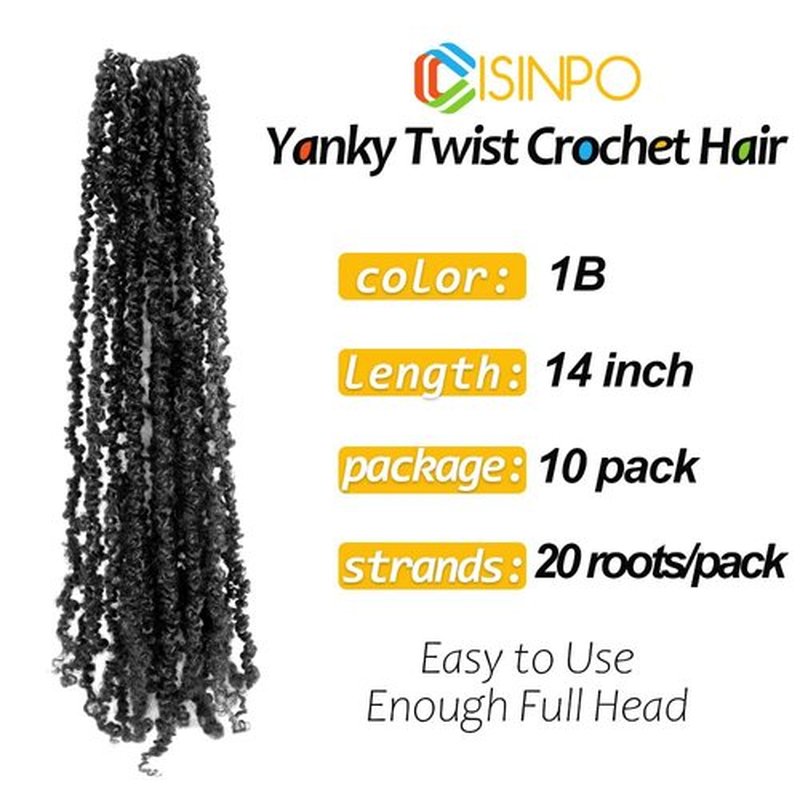 Cisinpo Yanky Twist Crochet Hair 14 Inch 10 Packs Pre-Looped Natural Black Yankee Twist Mini Passion Twist for Black Women (1B, Total 200 Strands)
