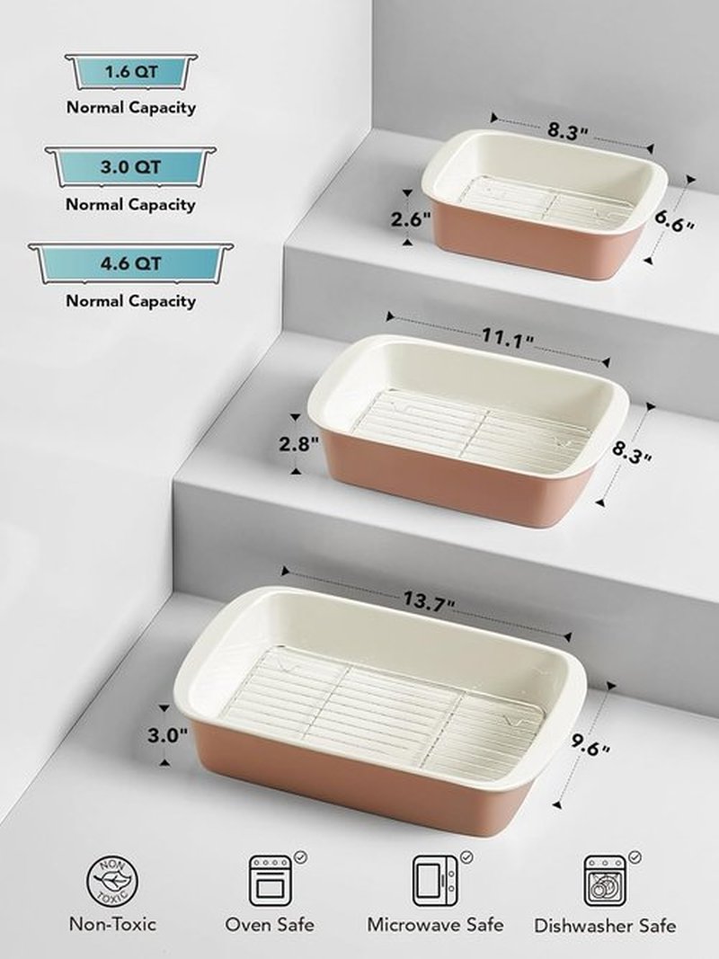 LE TAUCI Deep Casserole Dishes Set - 3-Piece Ceramic Baking Dish with Handles | Large Lasagna Pans in Dusty Pink (4.6QT/3.0QT/1.6QT)