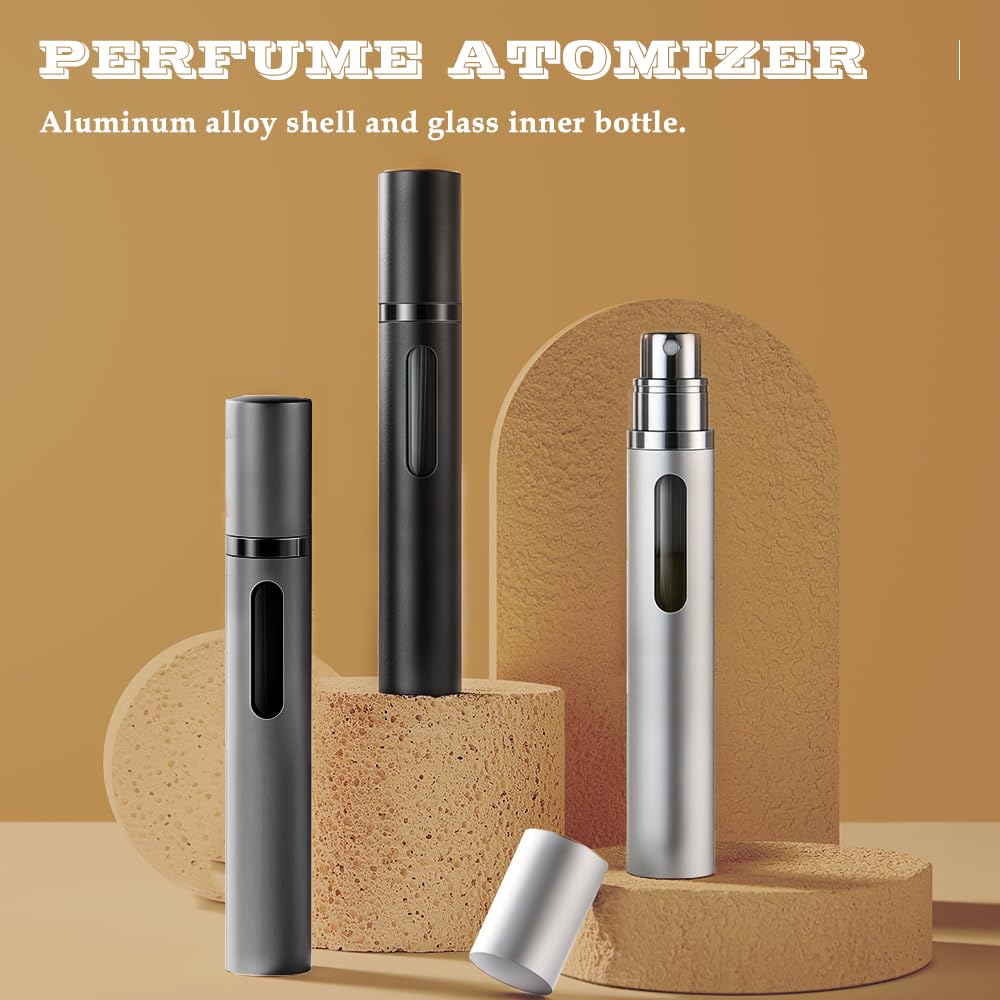 DIOHIO 10ml Perfume Atomizer Travel Refillable, 3PCS Perfume Travel Refillable Bottle,Bottom-Filling Fragrances Perfumes Bottle,Mini Cologne Dispenser,Portable Sprayer（Black-Grey-Silver）