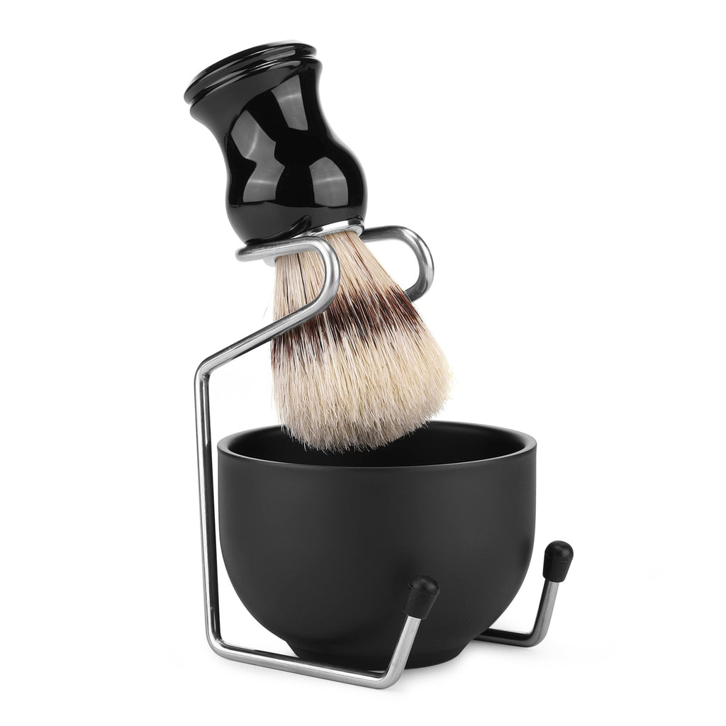 CCbeauty Mens Shaving Brush and Bowl Set, 4-in-1 Bristle Shave Brushes Kit with Stainless Steel Shaving Bowl & Soap Mug, Safety Razor Stand, Birthday Dad Gifts Set for Men, Black Soap 3.5Oz