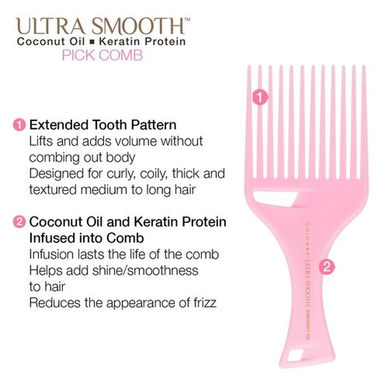 Cricket Ultra Smooth Coconut Hair Pick Comb - Infused with Coconut Oil & Keratin for Frizz-Free Shine, Volume Boost, and Gentle Detangling – Ideal for Curly, Thick, and Textured Hair - Pink