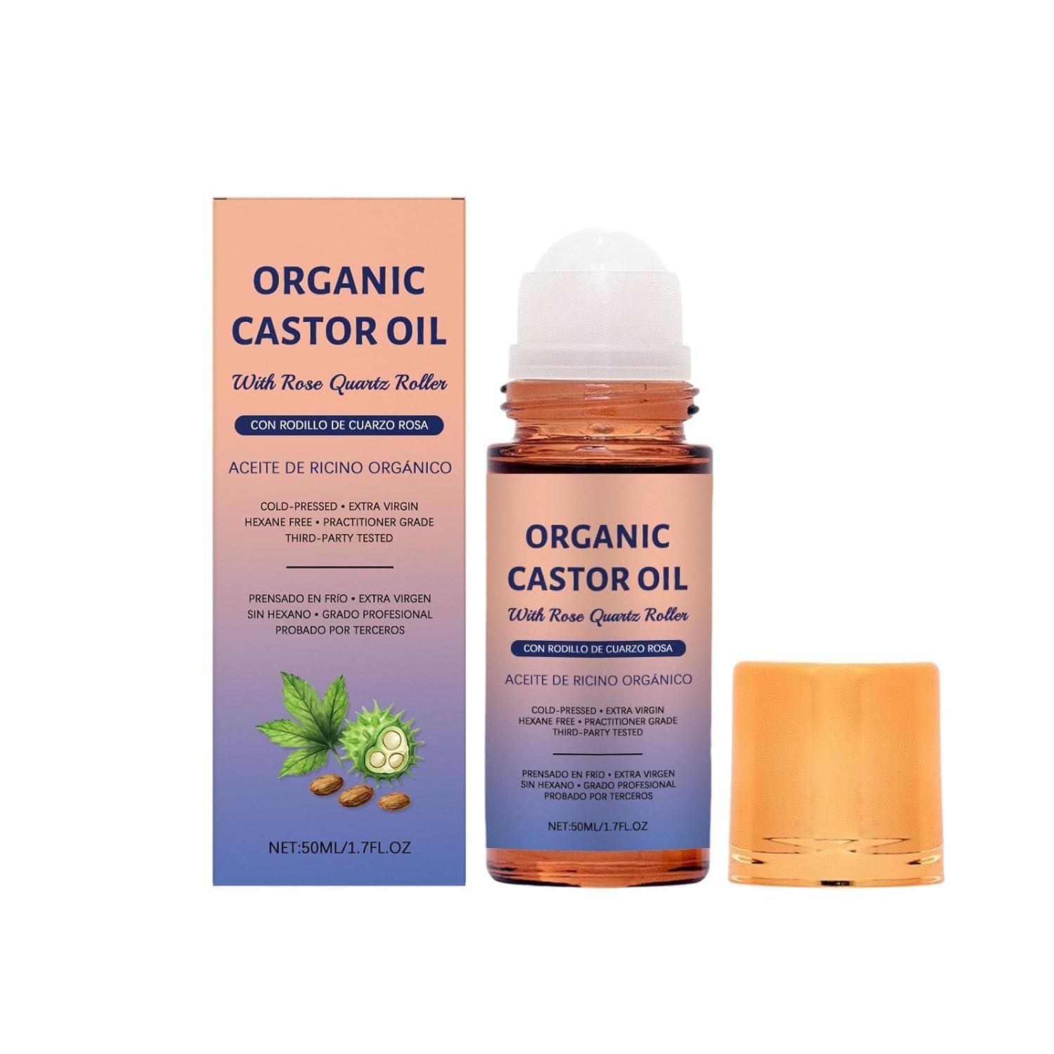NRAEC Organic Castor Oil with Rose Quartz Roller, Cold-Pressed Pure Organic Castor Oil Roller Ball for Hair Growth, Eyelashes, Eyebrows & Skin (1.7 FL.OZ)