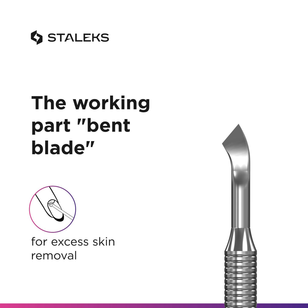 Staleks Pro Manicure Pusher EXPERT 90 Type 4.2 – Beveled & Bent Blade – Stainless Steel– Non-Slip Handle
