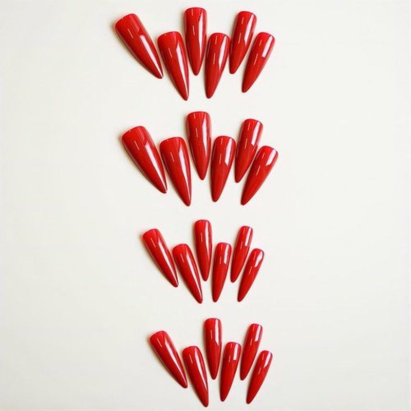 Long Stiletto Press on Nails Almond Fake Nails Solid Color Acrylic False Nails with Luxurious Mirror Design Red Full Cover Artificial Nails Press ons Stick on Nails for Women 24Pcs