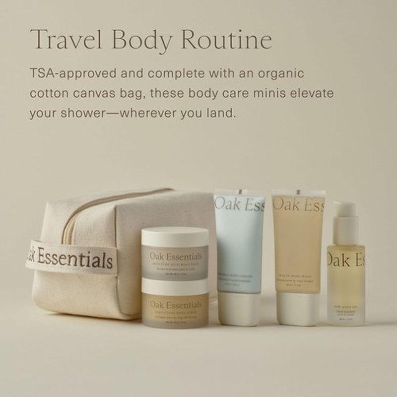 Oak Essentials Travel Body Routine - TSA-Friendly Mini Body Care Set with Wash, Scrub, Lotion & Balm