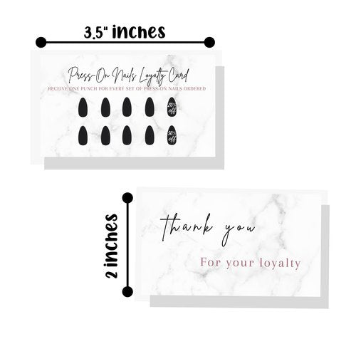 Boutique Marketing LLC Press-On Nail Loyalty Discount Cards | 50 Pack | 2x3.5 Inch inch Business Card Size | DIY Press-On Nail Kit | Marble Look with Black Nail Design,marble,black,white