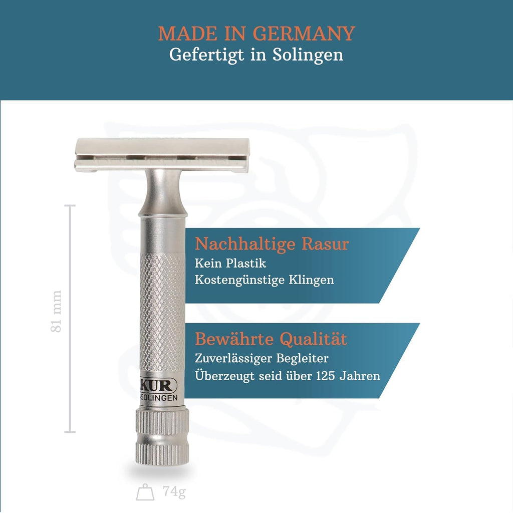 MERKUR Stainless Steel Safety Razor Set 34 INOX | Includes Premium Safety Razor, Leather Case and 10 Platinum Blades | Satin Matt | Closed Comb | Ideal for Wet Shaving | Made in Germany