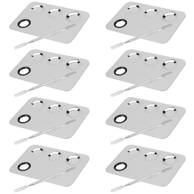 JAPCHET 8 PCS Mixing Makeup Palettes, 3-Well Makeup Palette Mixer Tray, Stainless Steel Cosmetic Palette with 8 PCS Spatula Tool, Multipurpose Makeup Applicators for Nail-Art, Cosmetic, Pigment