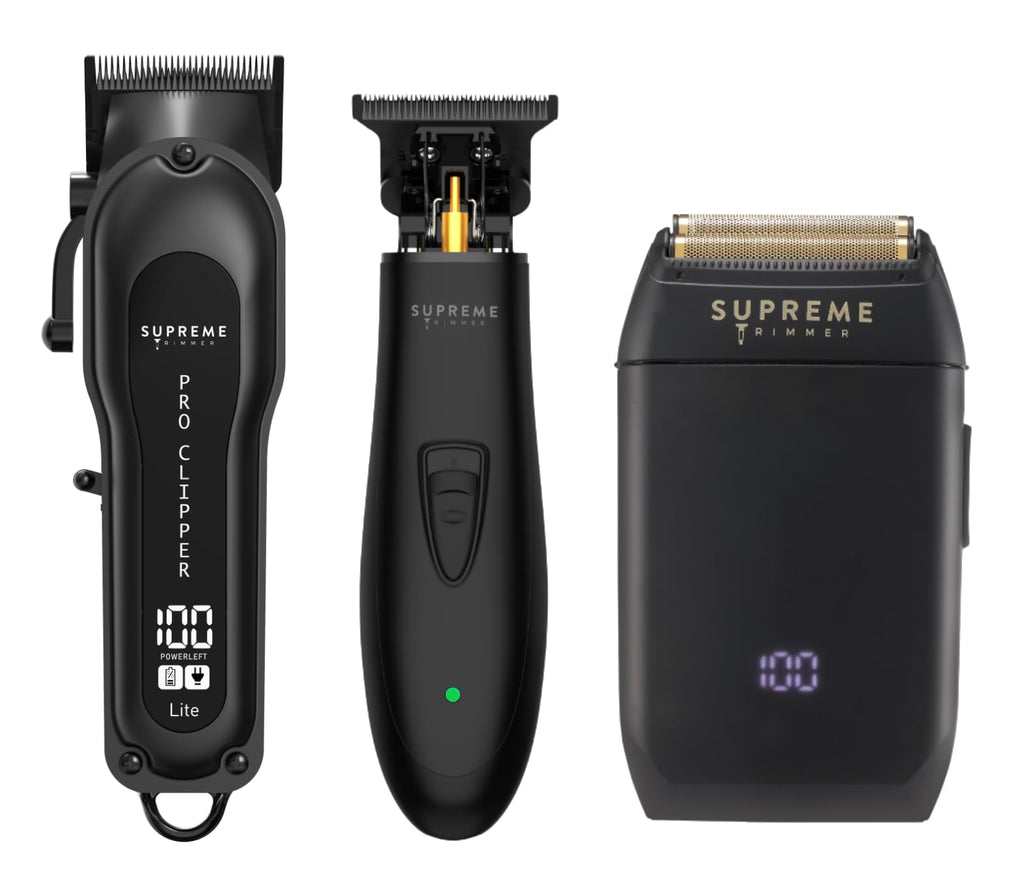 Supreme Trimmer 3-in-1 Barber Bundle | Pro Clipper, DLC T-Shaper Trimmer & Crunch Foil Shaver | Professional Beard Trimmer Men’s Hair Clipper Kit | Red