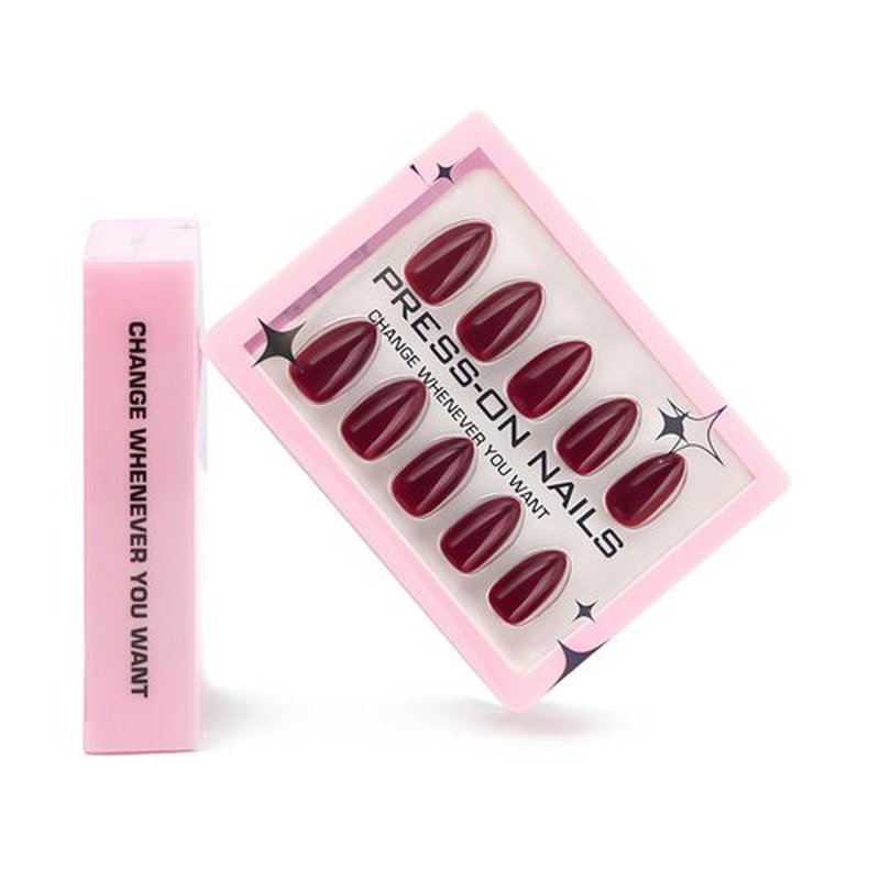 Fomkrio Wine Red Short Press On Nails Almond Acrylic Solid Fake Nails for Women Girls Holiday Valentine's Day, 15 Sizes - 30Pcs Manicure Nail Kit