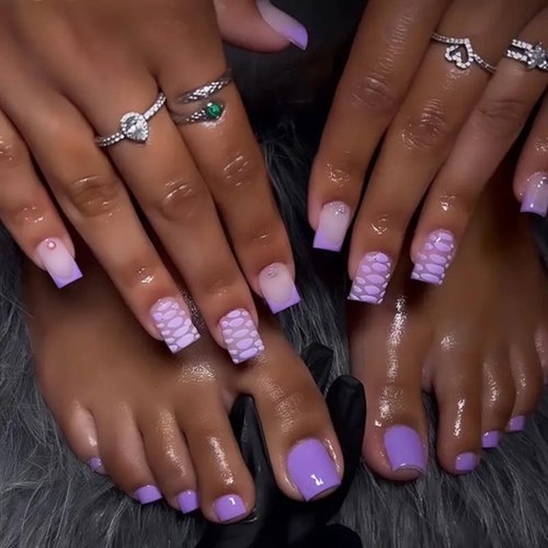 48 Pcs Purple French Press on Nails Medium Square & Press on Toenails Set - Fake Nails Press ons Nail Art Tips Glossy Glue on Nails Full Cover with Fish Pattern Rhinestones Design Acrylic Nail Kit
