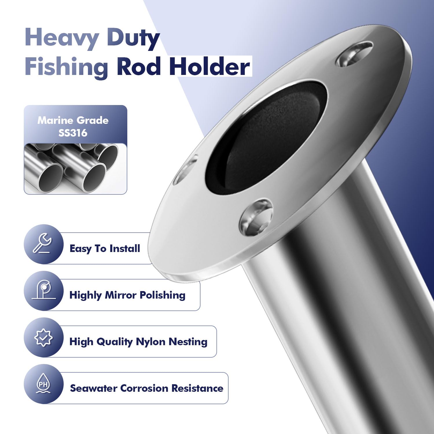 METRAXION 2Pcs Rod Holders for Fishing Boat, Heavy Duty 316 Stainless Steel Fishing Rod Pole Holder, Flush Mount, 15 Degree, Inner Tube and Gasket