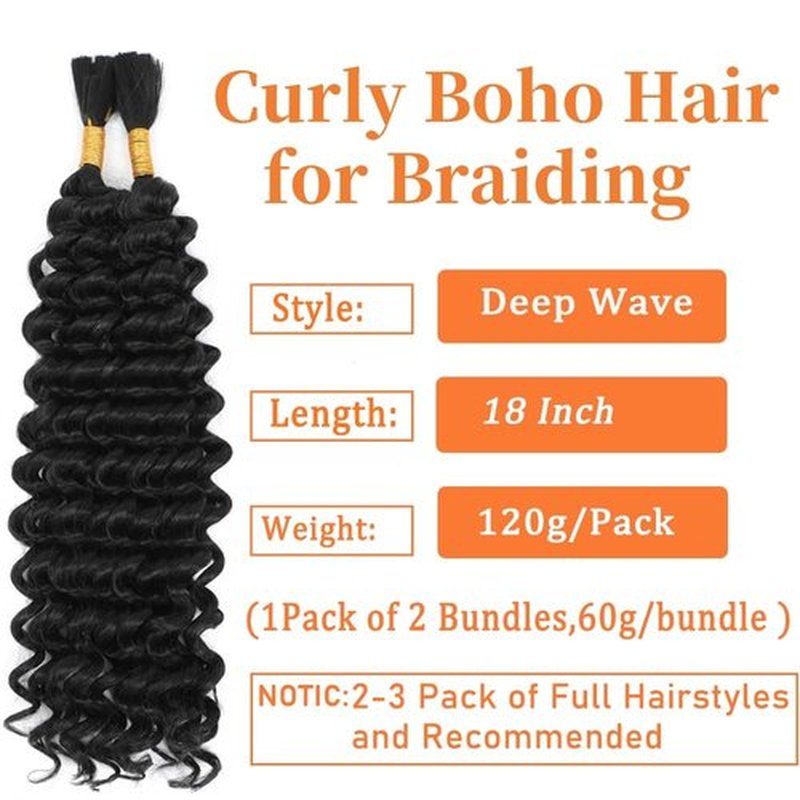Human Braiding Hair Mix Synthetic Deep Wave Bulk Hair for Braiding, 18 Inch Wet and Wavy Braiding Hair 2 Pcs Boho Hair for Braiding Curly Bohemian Hair Extensions