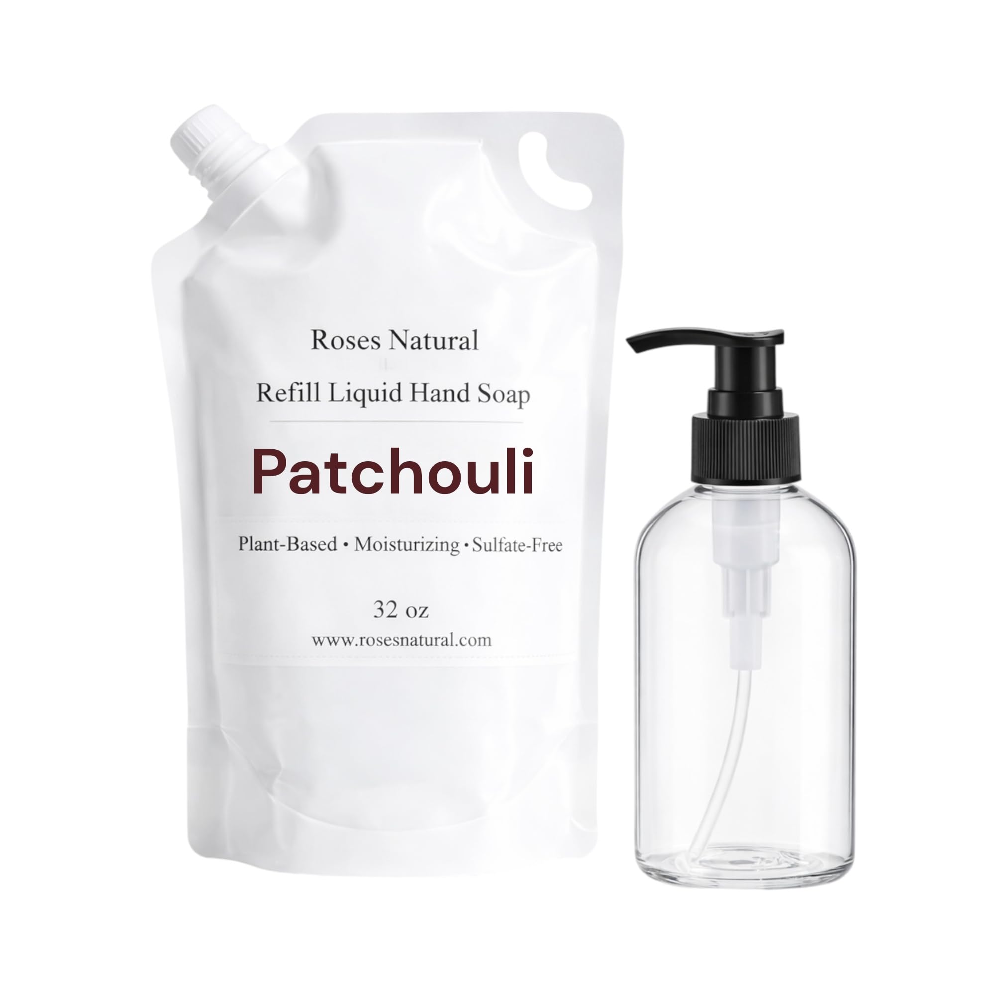 Roses Natural Liquid Hand Soap Starter Set – Plant-Based Moisturizing Hand Wash, Refillable Bottle + 32 oz Refill, Sulfate-Free Gentle Cleanser, Handmade in USA (Patchouli)