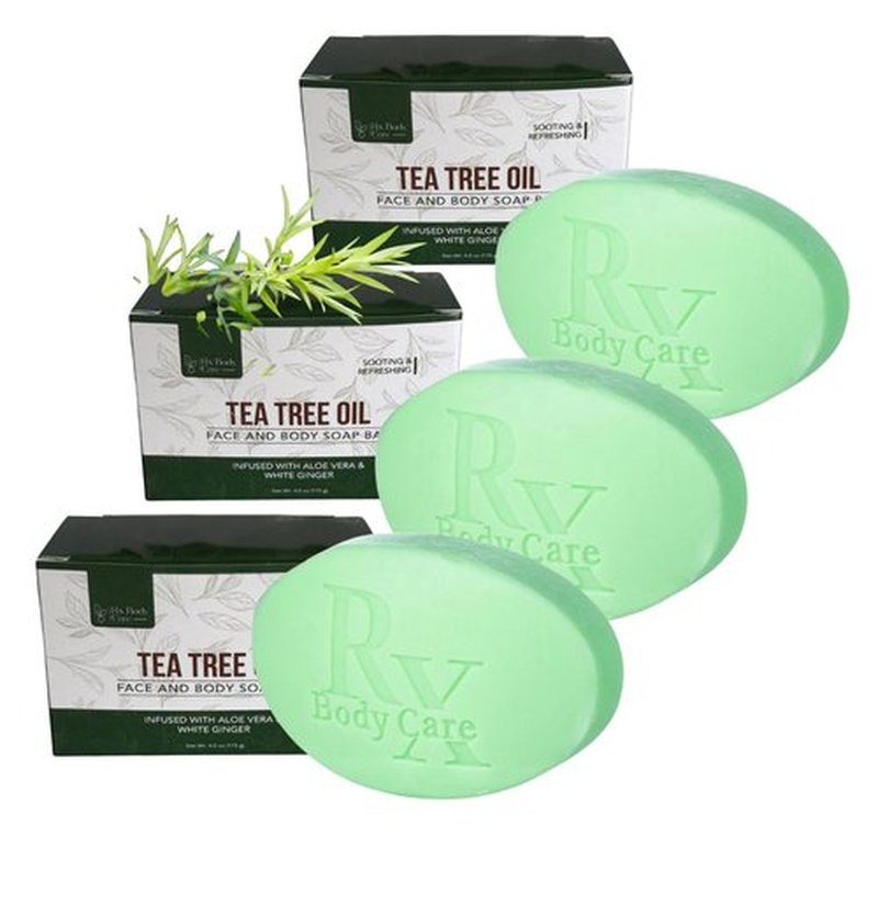 RX Body Care Tea Tree Oil Soap Bar For Face & Body 12.0 oz / 3 pack - Antifungal Antiseptic Cleanser Against Odor, Fungus, Acne, Rash, Ringworm - Infused With Pure Essential Oils (3)