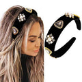Sinalty Black Velvet Wide Headbands Rhinestone Jeweled Headband Vintage Baroque Pearl Hair Accessories for Women