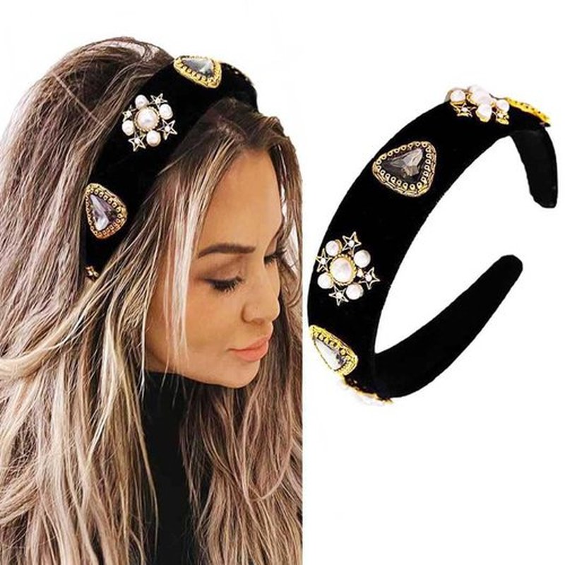 Sinalty Black Velvet Wide Headbands Rhinestone Jeweled Headband Vintage Baroque Pearl Hair Accessories for Women