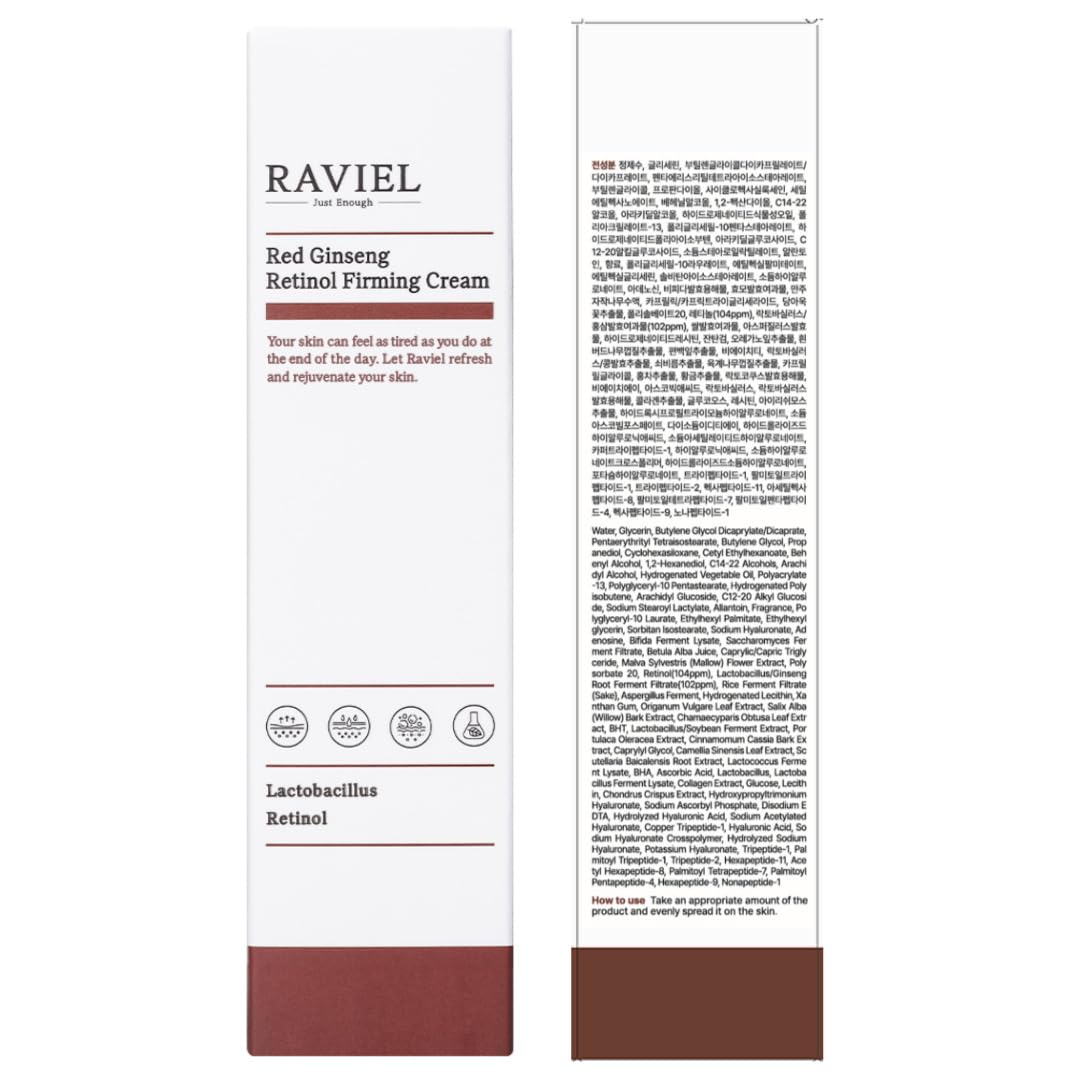 RAVIEL Red Ginseng Retinol Cream (0.002%) | Anti-Wrinkle Moisturizer with 10X Peptide Complex | Boosts Elasticity, Strengthens Skin Barrier, Reduces Irritation, Enhances Skin Vitality (1.7 fl oz)