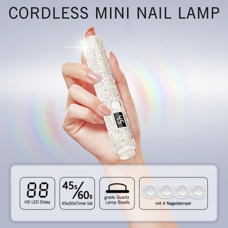 peccera Handheld UV Light for Gel Nails, Glitter Mini UV Light, Cordless Portable Nail Lamp for Fast Curing, Rechargeable LED Lamp for Rhinestone Glue Nail DIY Decoration - AB Diamond