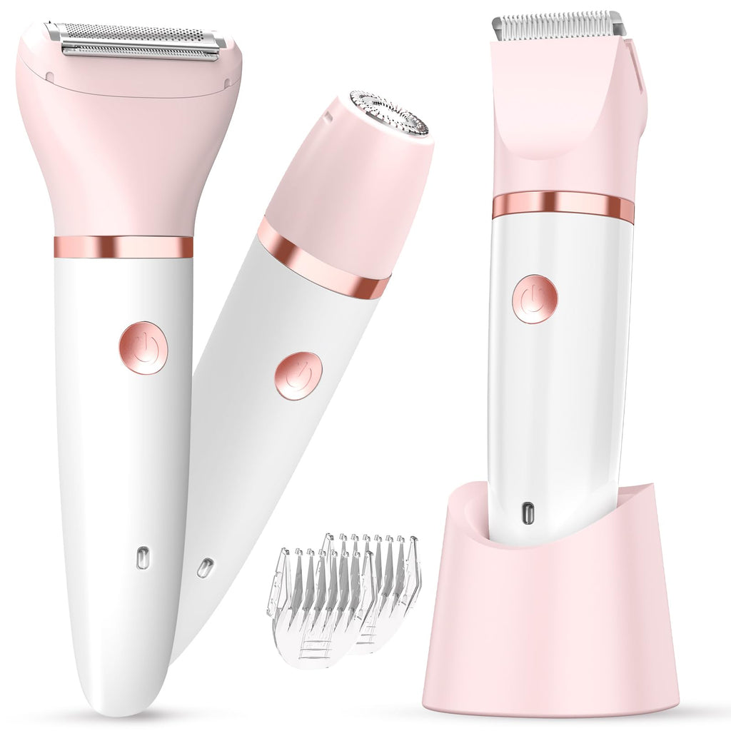 Bikini Trimmer for Women - 3 in 1Electric Razors for Silk Skin, Cordless Pubic Hair Trimmer, Replaceable Lady Shavers Kit, Bikini Shaver for Legs Body Hair, IPX7 Waterproof, White