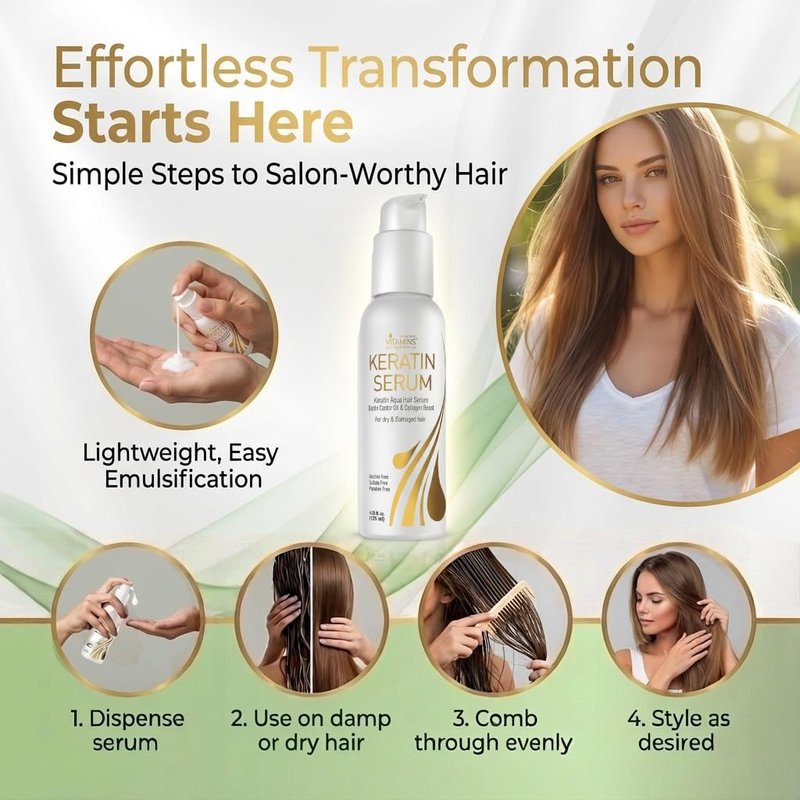 VITAMINS Keratin Hair Serum Oil - Anti-Frizz Treatment for Dry, Damaged Hair with Biotin & Collagen | 4.25 fl oz