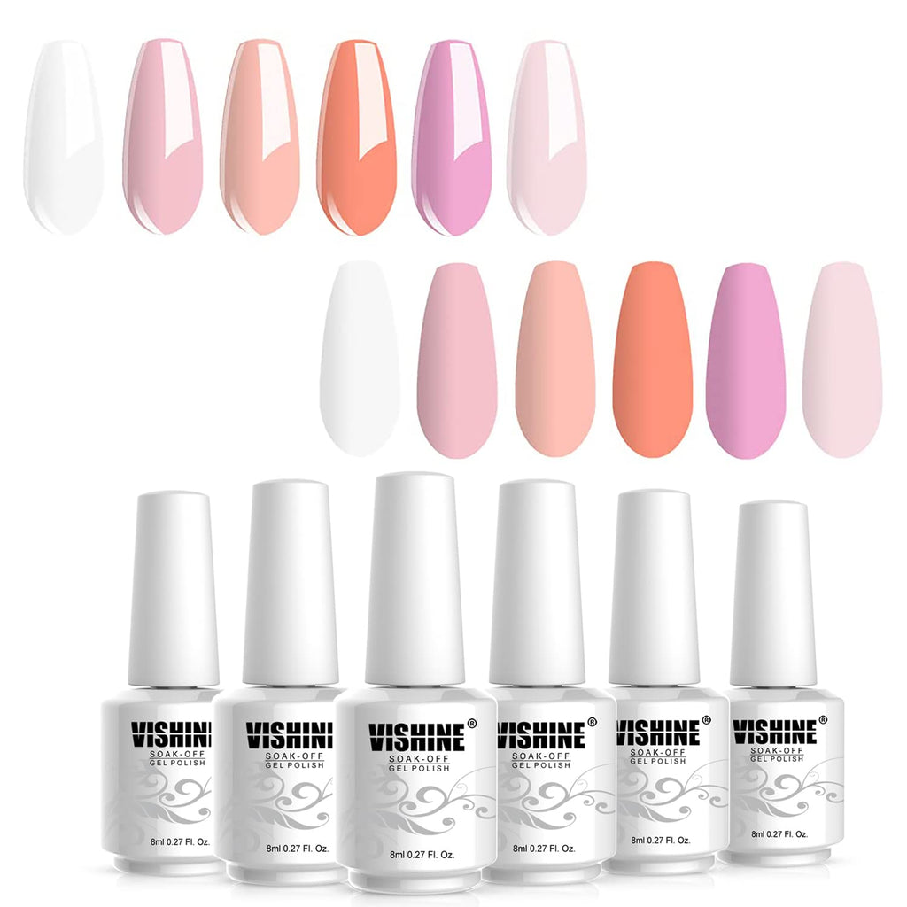 Vishine Gel Nail Polish Kit, 6 Colors White Nudes Pink Peach Colors Gel Nail Polish UV Gel Manicure Set Nail Art at All Seasons