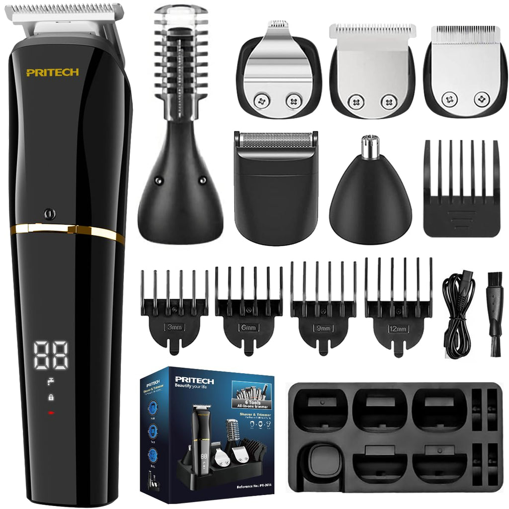 PRITECH Beard Trimmer for Men – 6-in-1 Cordless Grooming Kit, Waterproof IPX6 Men's Shaver with Foil Razor, Beard/Hair/Body/Precision/Nose/Micro, Long Battery Life, Easy to Clean (Black)