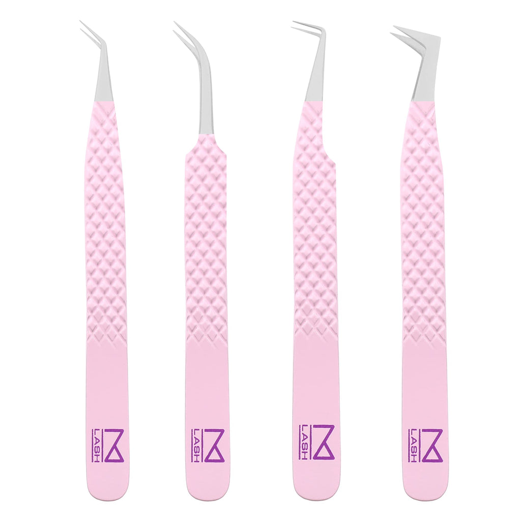 M LASH Tweezers for Eyelash Extensions (Set of 4) - Professional Lash Extension Tweezers - Fiber Tip, Japanese Steel, Diamond Grip Eyelash Extension Tweezer set (Lilac)