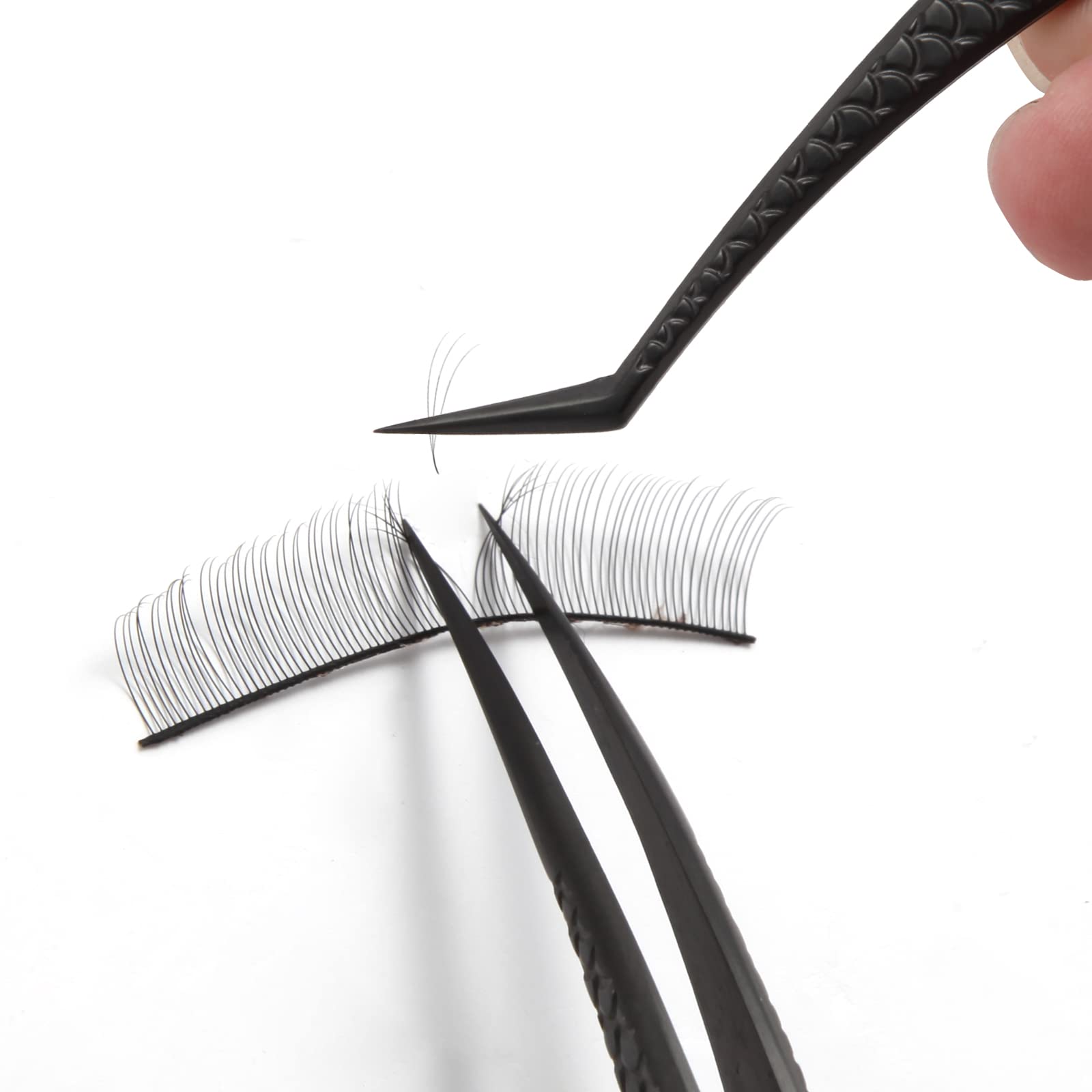 FEITA Diamond Grip Eyelash Extensions Tweezer Lash Precision Tweezers, Japanese Steel Dolphin-shaped & Angled Tip, False Lashes Application Tools, Black 2Pcs