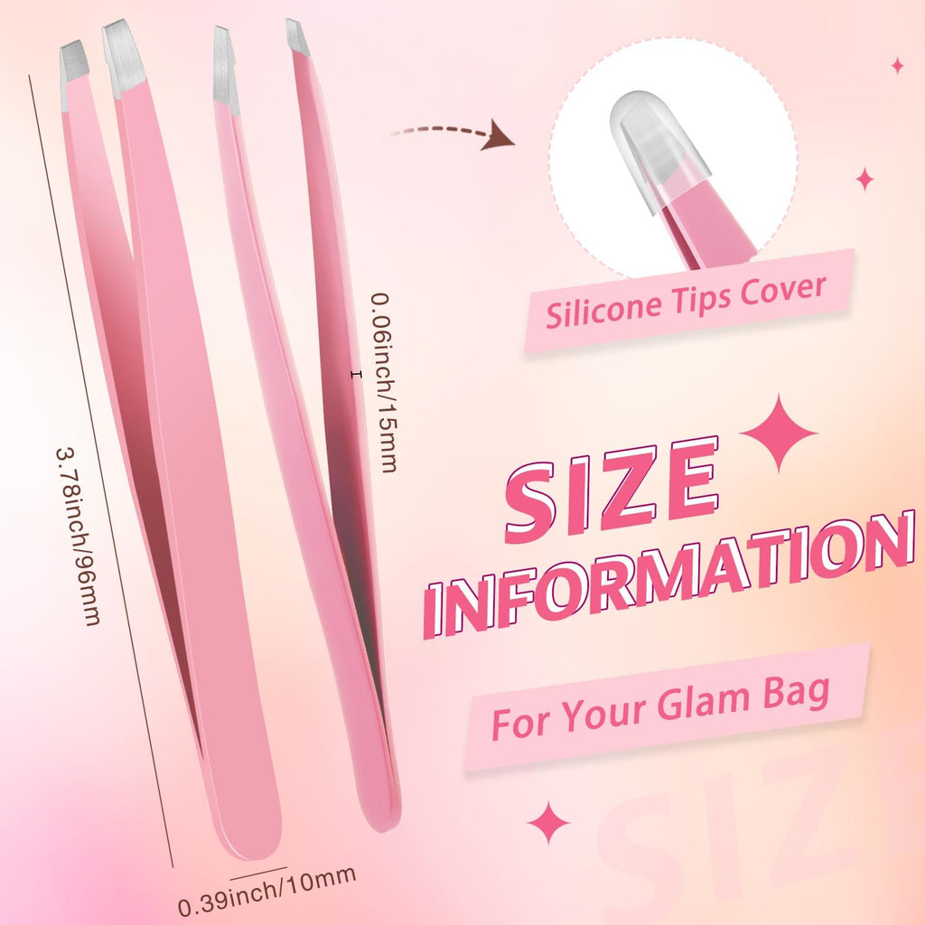 Mudder 12 Pcs Eyebrow Tweezers Set for Facial Hair Stainless Steel Slanted Tip Tweezers in Bulk for Men and Women(Pink)