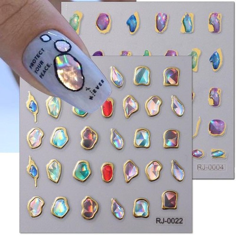 6Sheets 5D Embossed Stickers, Crystal Soft Glue Irregular Gems, Geometric Frame Art Stickers, Jelly Rhinestones Heart Star Decals, Moon Sun Cloud Nail Designs