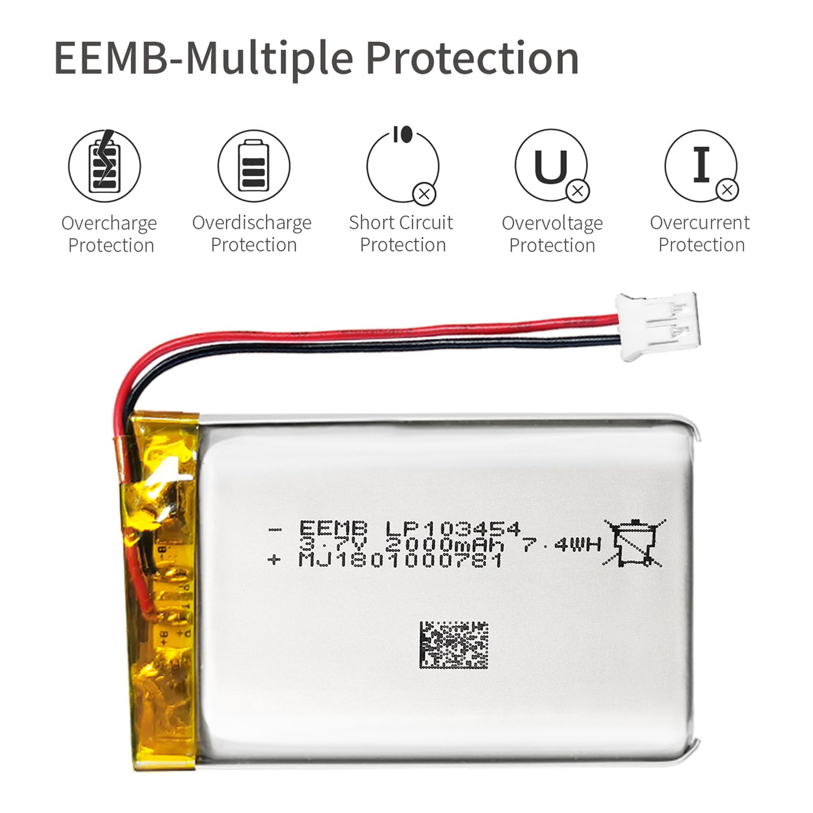 EEMB 3.7V 103454 2000mAh Lipo Battery Rechargeable JST 2.0mm 1-Pack