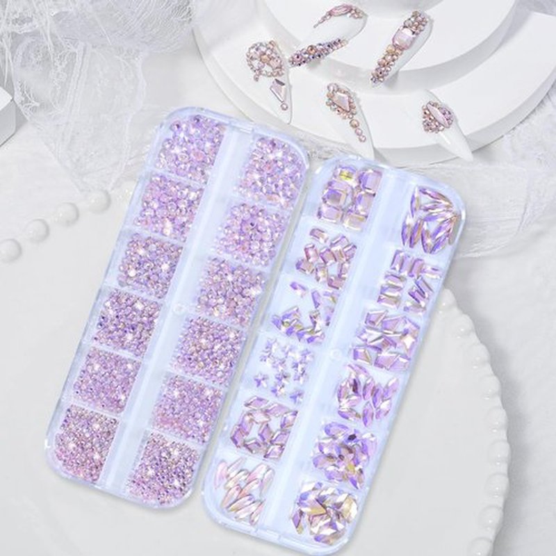 Nail Rhinestones - 3D Multi Shape Size, Crystal, Manicure Rhinestones Charms, Light Pink AB Nail Gems, Flat Back, with Kit, for Nail Art, DIY Decorations