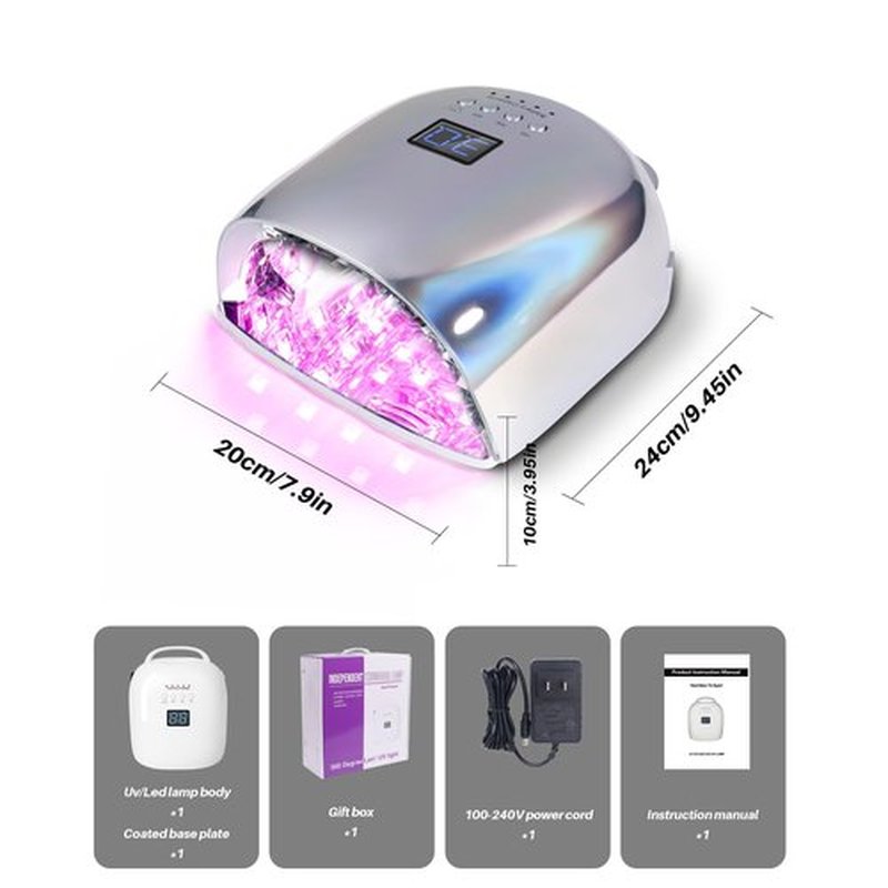 BIDUO 52 Beads Professional Nail Lamp,Cordless LED UV Light for Gel Nails,Electroplated Mirror-Finish Inner Wall and Base Plate,Rechargeable 18000 mAh Battery,84W High Power (Holographic Silver)