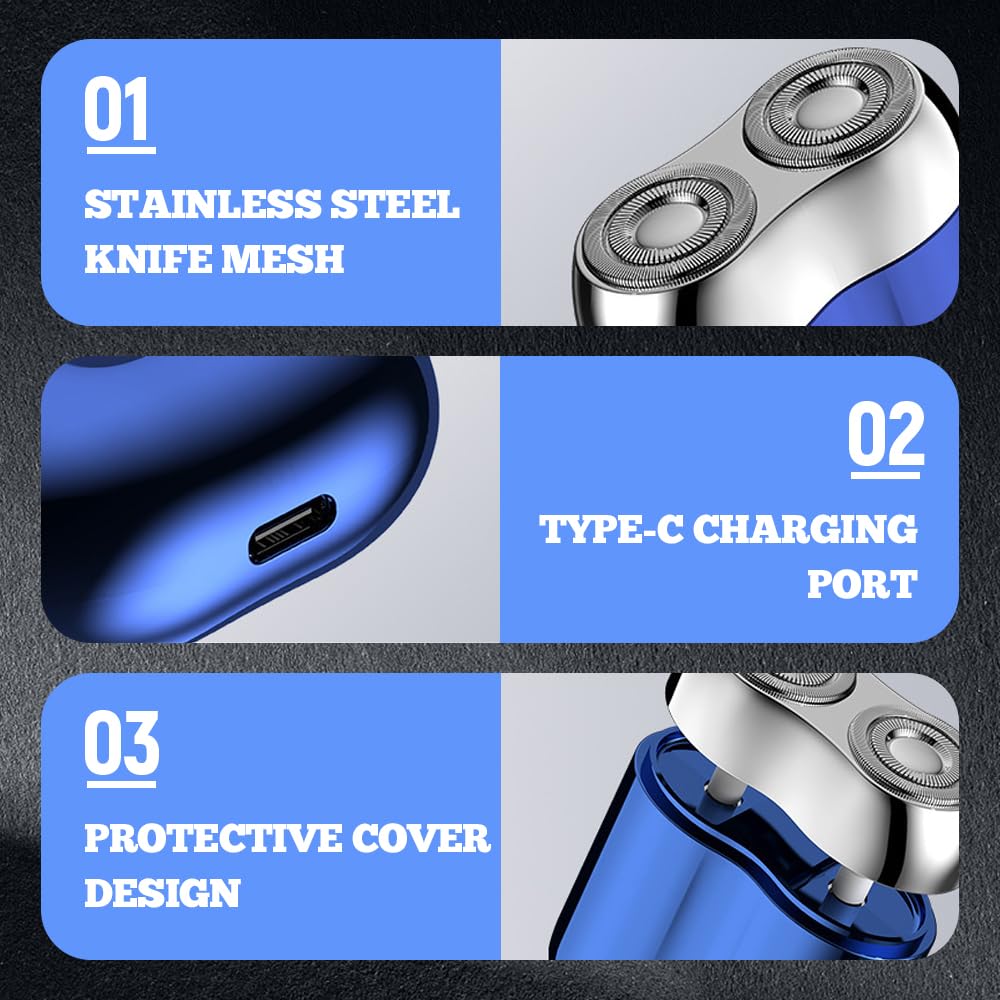 2026 New Upgrade Pocket Shaver USB Mini Shavers for Men, Rechargeable Electric Mini Portable Razor, Washable Double Head Razor, Waterproof Compact Electric Shaver for Home, Car, Travel (Blue)