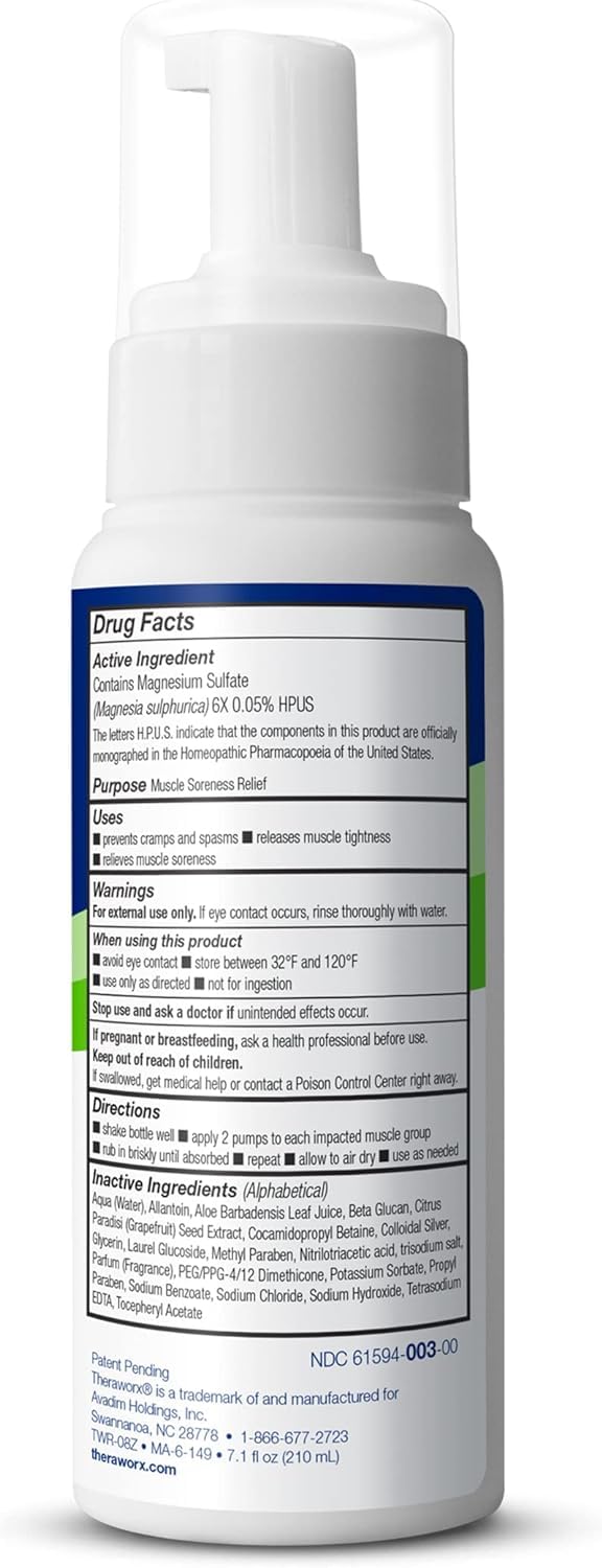 Theraworx for Muscle Cramps Relief Foam Made with Magnesium Sulfate, Fast-Acting Muscle & Leg Cramp Support, Paraben-Free 7.1 oz - 2 Count