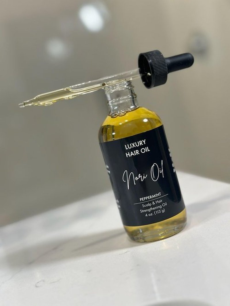 Nori Oil with 8 essential oils- cococut, olive, jamaican castro, jojoba, grapeseed, argan, almond, and peppermint to promote healty hair and scalp, 4 oz