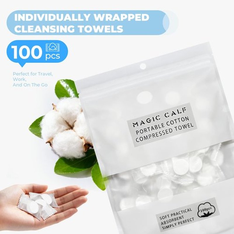 Classycoo Compressed Towel 100 PCS Mini Tablets Disposable Portable Face Towel Cotton Coin Tissue for Travel, Camping, Hiking, Sport, Beauty Salon, Home Hand Wipes and Other Outdoor Activities (White)
