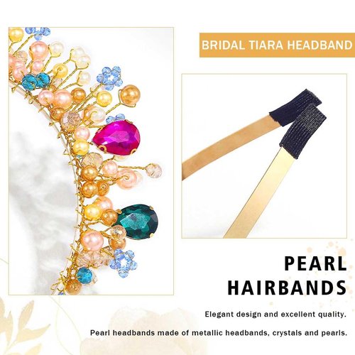 Kesvb Rhinestone Headband Colourful Pearl Crown Headpiece Flower Wedding Bridal Jewelry Hair Accessories for Women