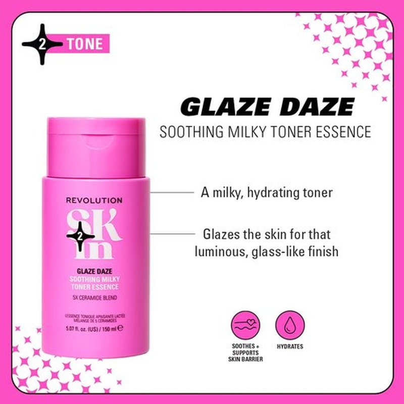 Revolution Skin, Glaze Daze Ceramide Soothing Milky Toner Essence, Facial Toner with Ceremides, Soothes & Calms Skin, Vegan & Cruelty-Free, 11.69 fl oz