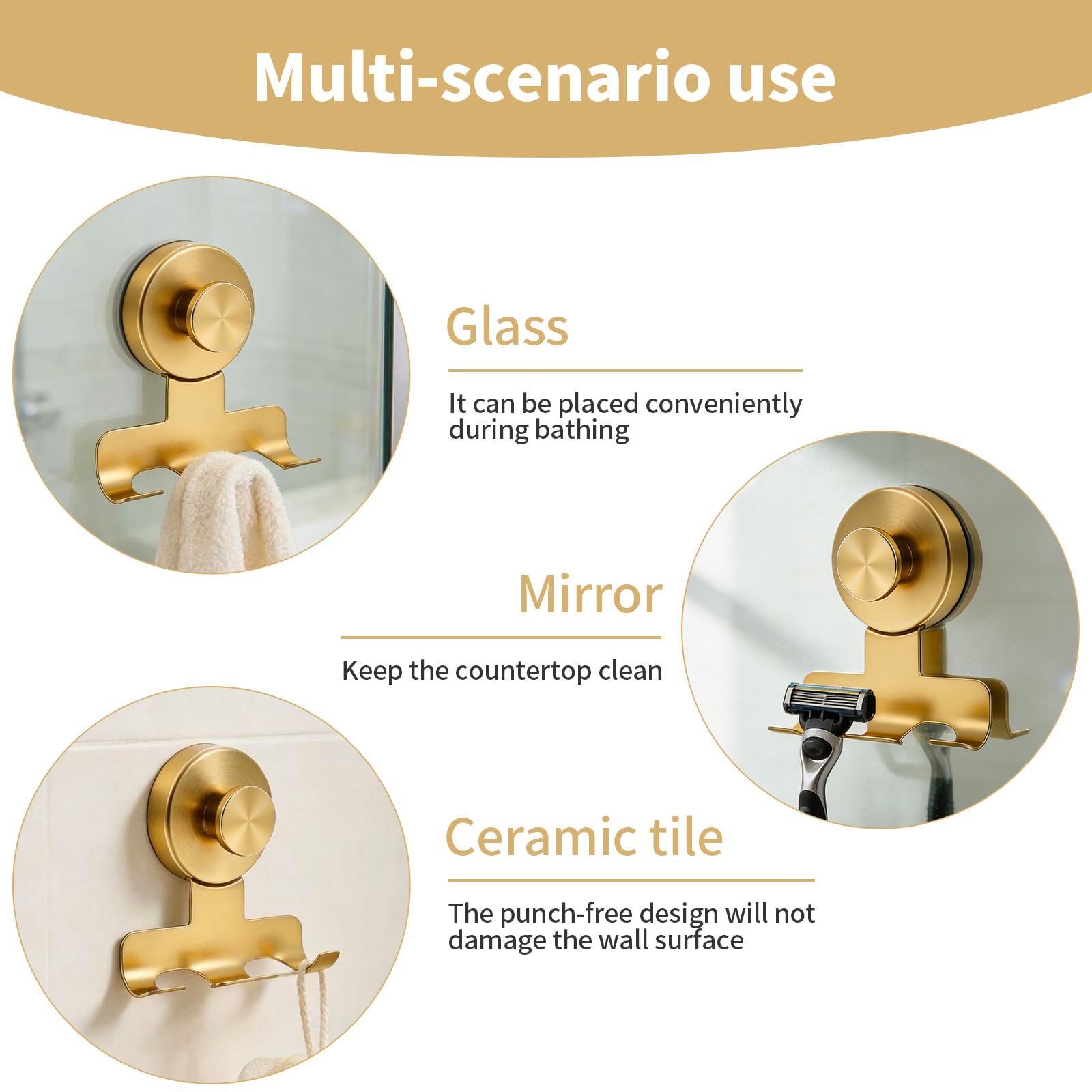 Fliverly Suction Cup Razor Holder,Stainless Steel Wall Mount Hooks,Heavy-Duty to 15 lbs,No-Drill Shower Hooks for Razors, Towels and Loofahs (Gold, 2 Pack)