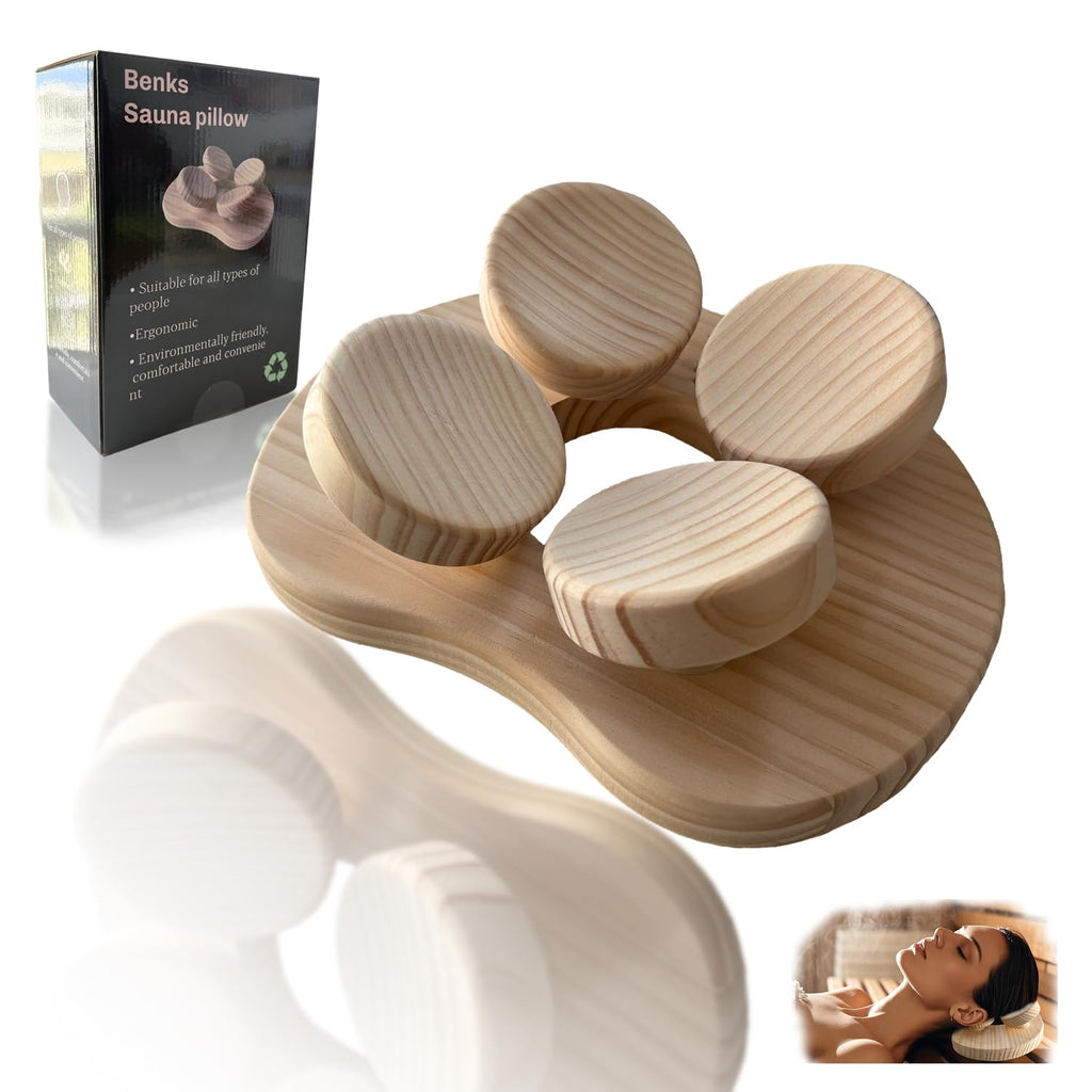 Benks Wooden Sauna Headrest with rotatable disc, Sauna Pillow，Sauna Accessory for Stiff Neck, Shoulder Pain, Head Health and Relaxation