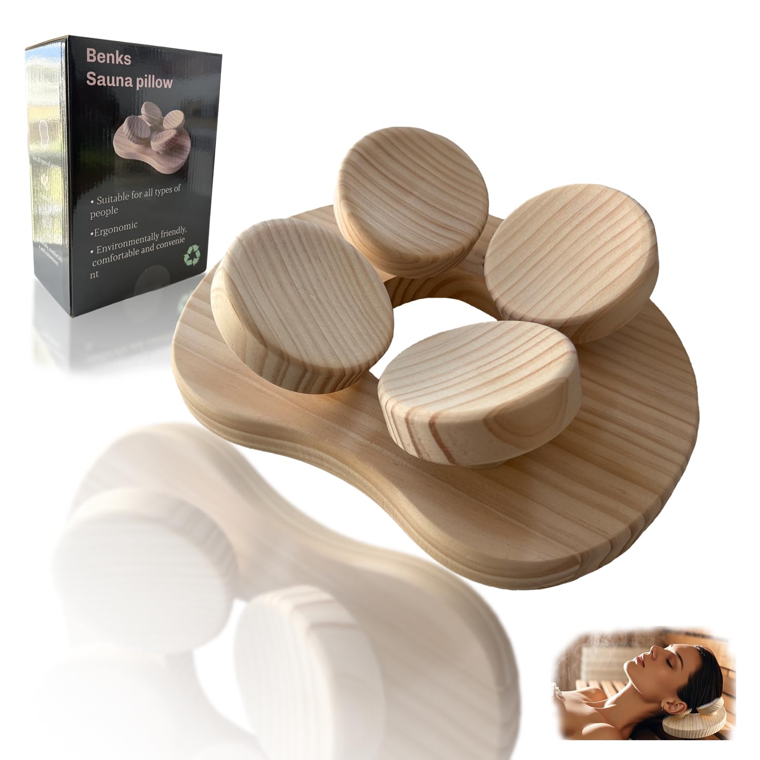 Benks Wooden Sauna Headrest with rotatable disc, Sauna Pillow，Sauna Accessory for Stiff Neck, Shoulder Pain, Head Health and Relaxation