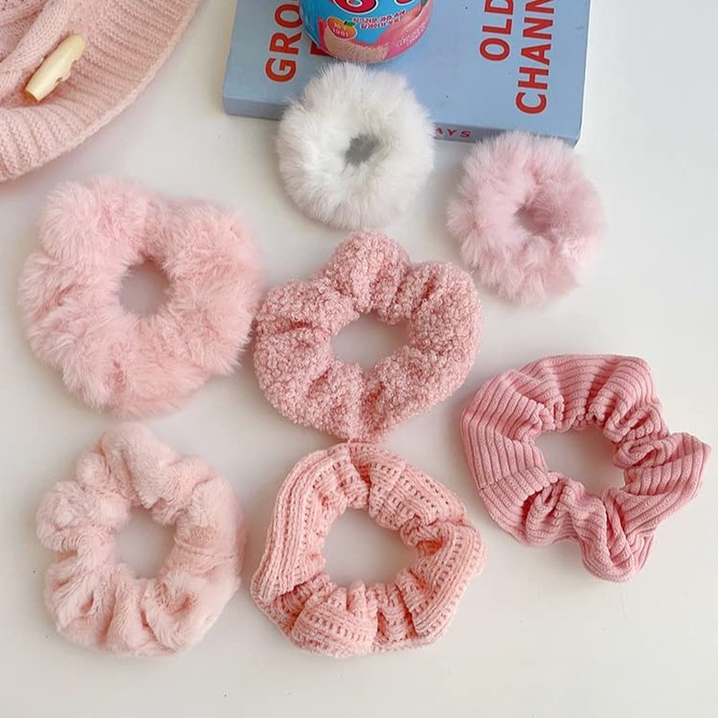 Yonchic 7-Piece Velvet Solid Elastic Hair Ties, Gentle Style Scrunchies for Women Long Thick Hair, No Damage Hair Scrunchies Rubber Bands Accessories (Pink)