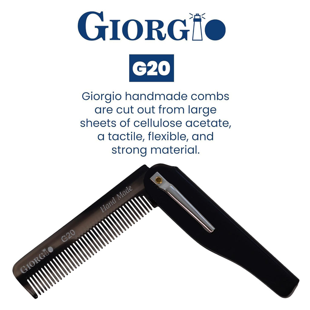 Giorgio G20G Fine Tooth Folding Mustache and Beard Comb - Small Pocket Comb for Everyday Hair Care and Styling - Sawcut and Hand Polished (Black Graphite)