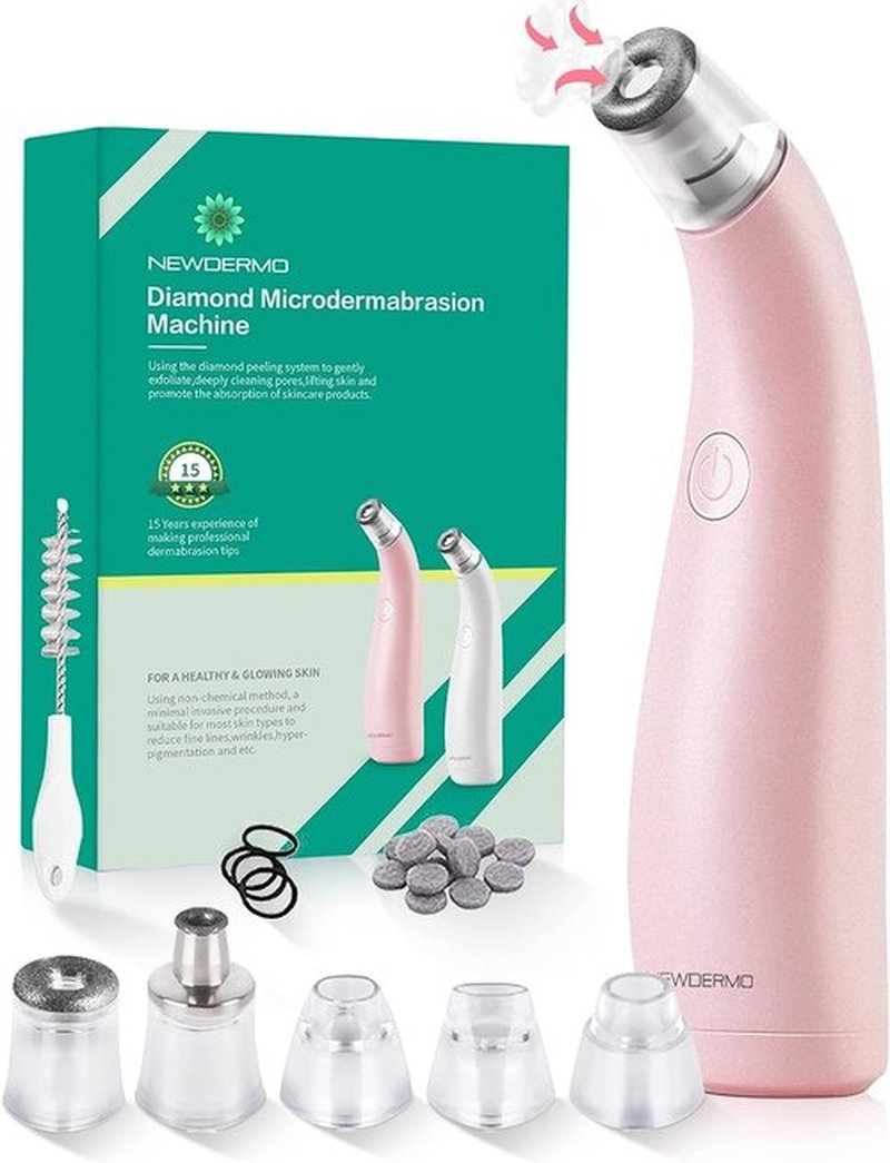 NEWDERMO 2-in-1 Microdermabrasion Machine - USB Rechargeable Diamond Facial Treatment Device (Pink)
