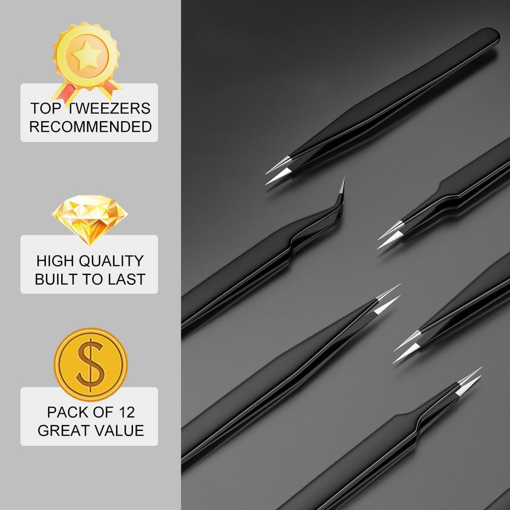 Antonki 12 Pack Precision Tweezers Set for Craft, Soldering, Jewelry, Facial Hair, Eyebrow, Ingrown Hair Removal, Eyelash Extension- with Case