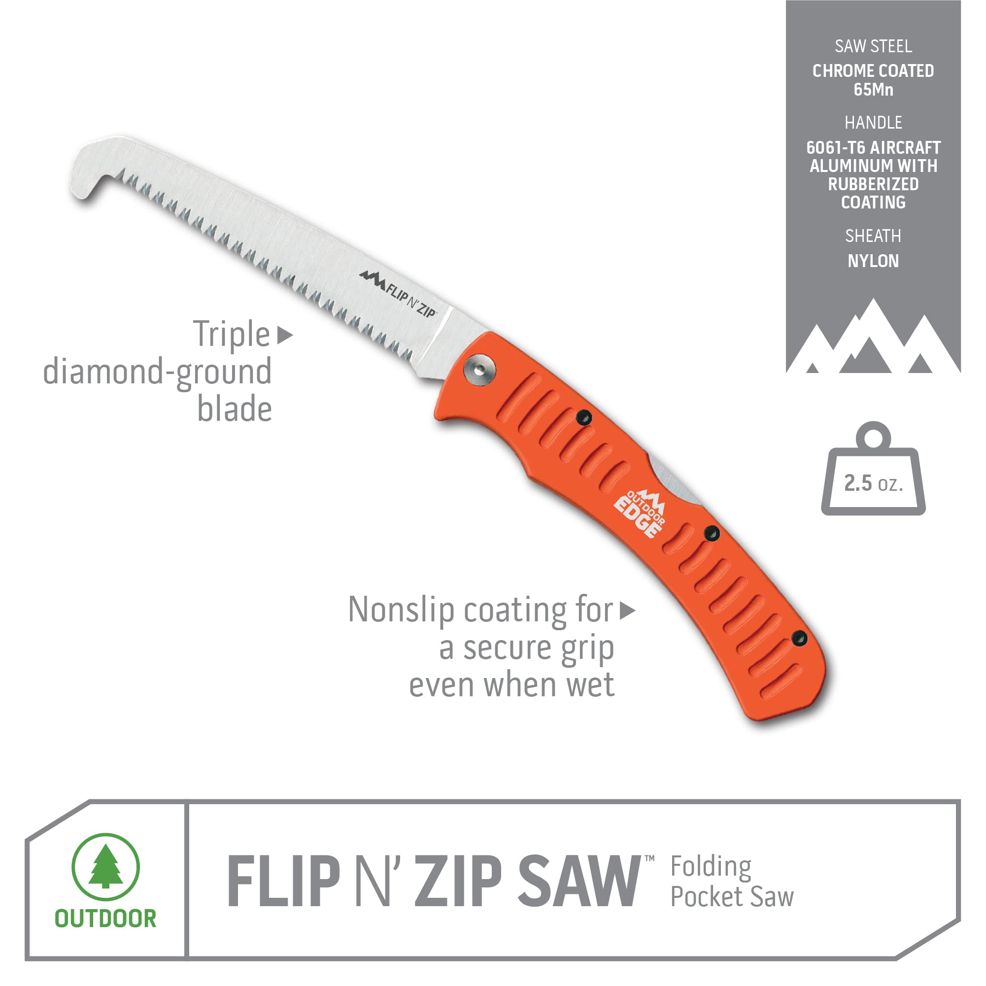 Outdoor Edge 4.4" Flip N' Zip Saw - Lightweight Folding Aluminum Handle Outdoor-Hunting Saw with 65Mn Spring Steel Blade and Triple Ground Teeth for Bone and Wood with Nylon Sheath