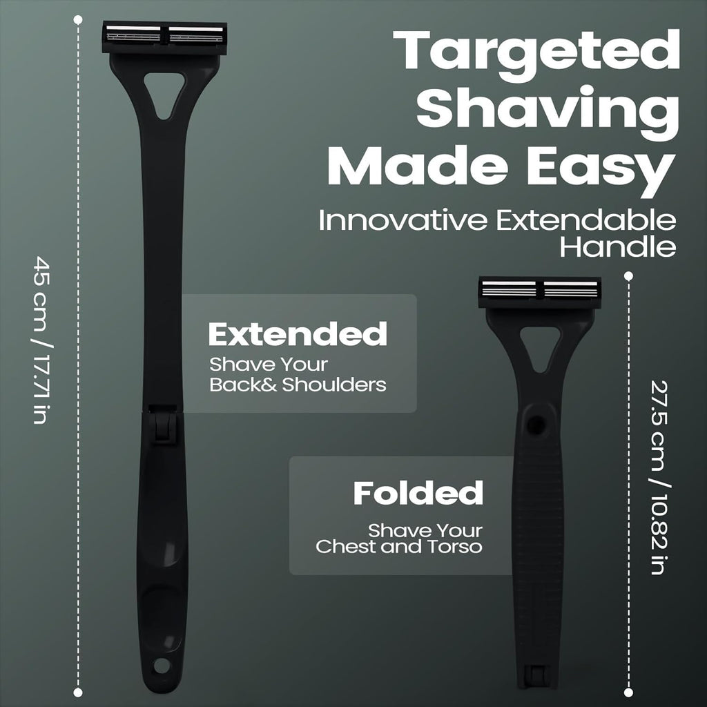 ETbyto Back Shavers for Men with Foldable Long Ergonomic Handle: DIY Hair Shaver, Replaceable Safety Blade & Portable Razor Groomer for Men, Wet & Dry Shaving(8PCS Blades Included)