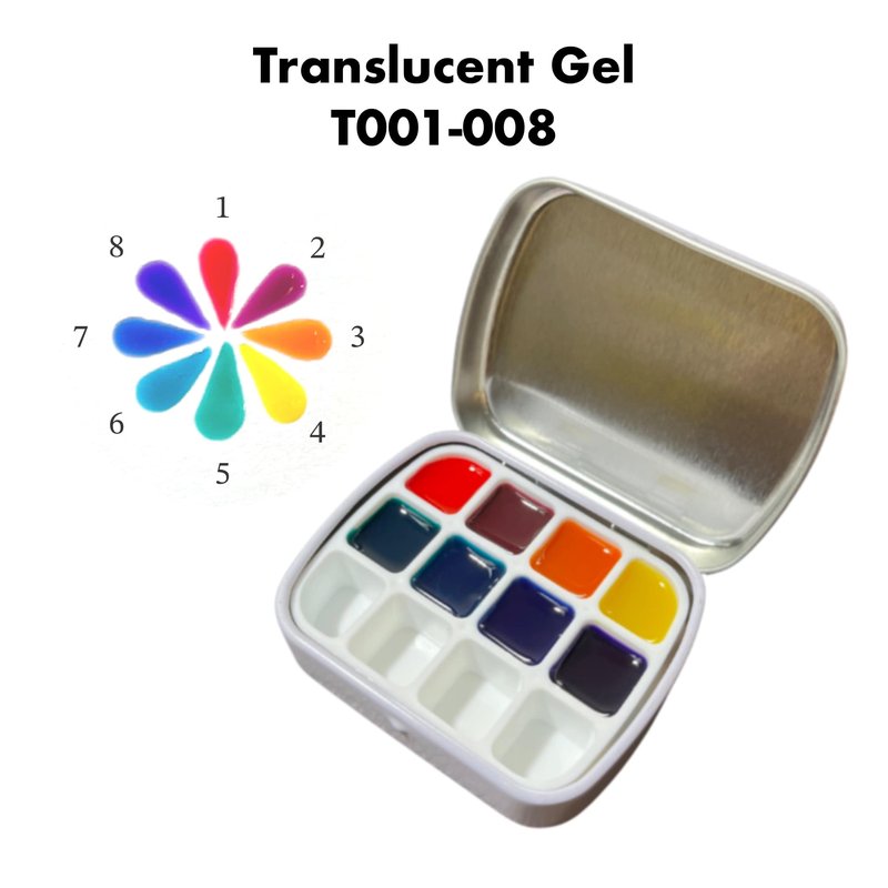 YJMyujimi Translucent jelly Gel T001-008 5g each 8colours DIY at home nail arts summer designs small case with 12 divisions black tube storage